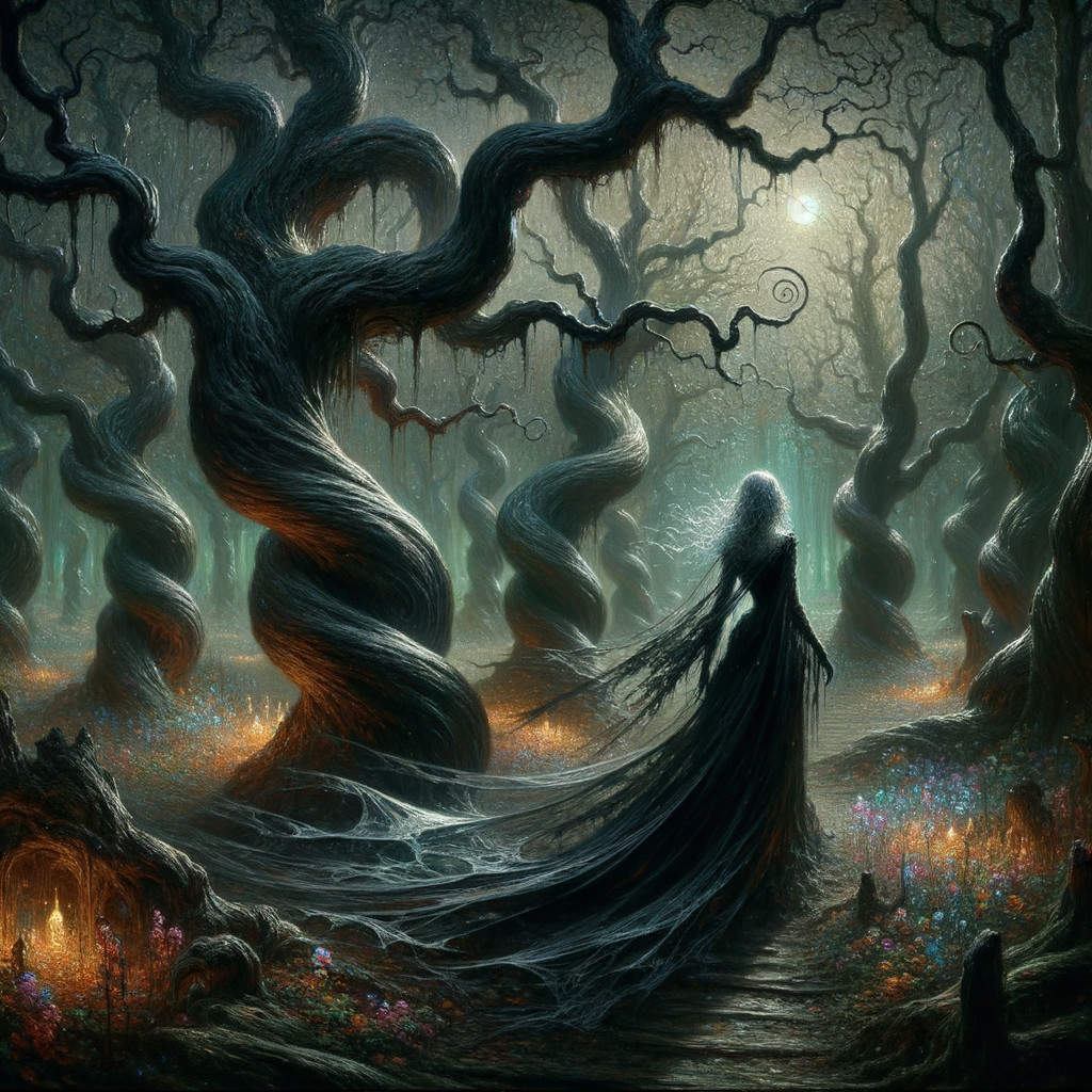 Mystical forest with twisted trees and spectral figure