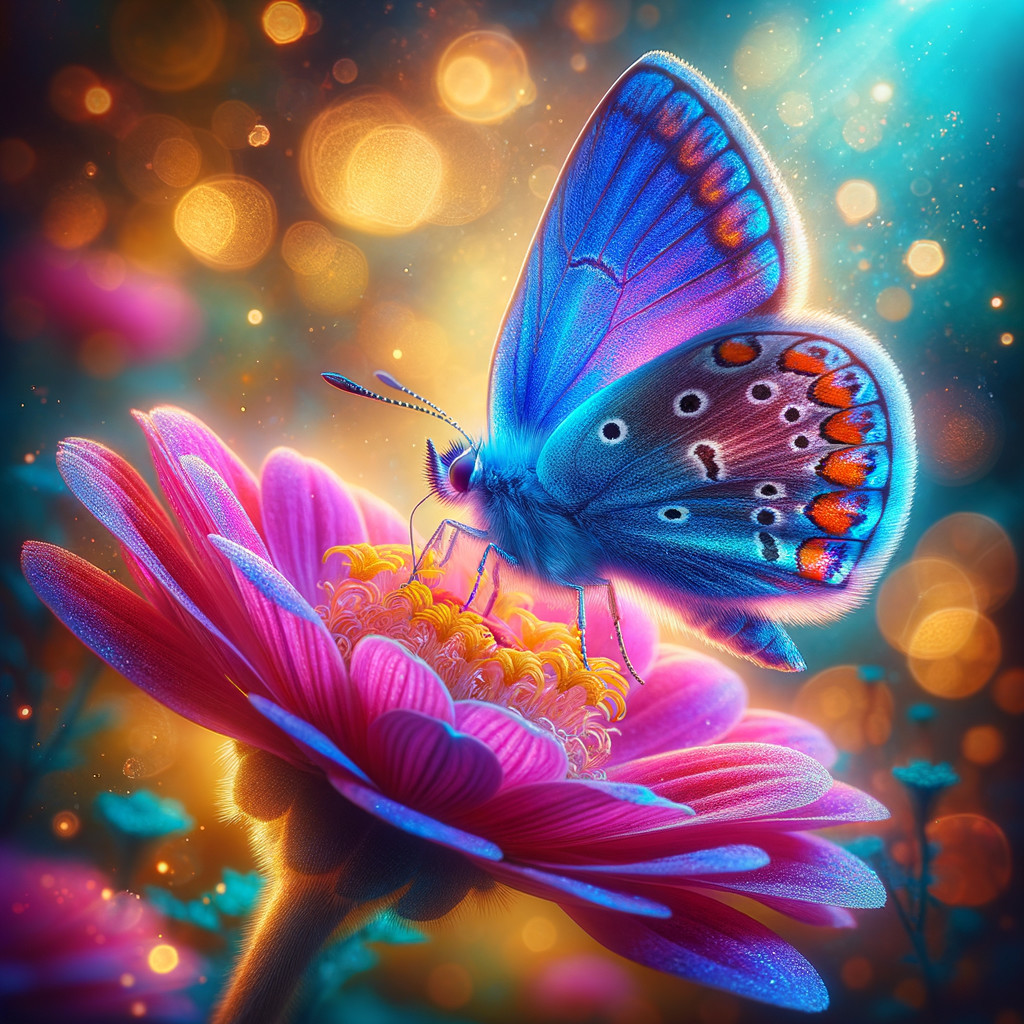 Vibrant Blue Butterfly on Pink Flower with Bokeh Lights
