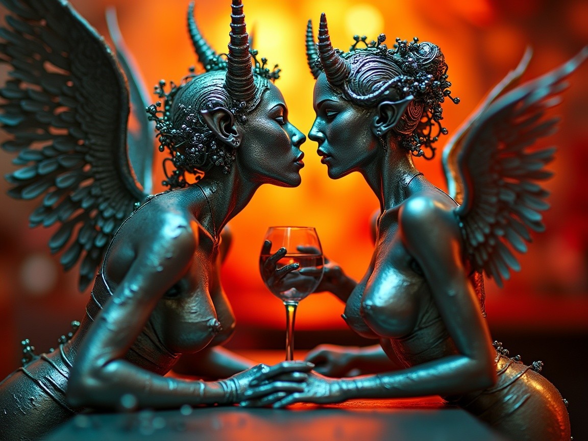 Intricate Metallic Figures with Wings in Intimate Moment