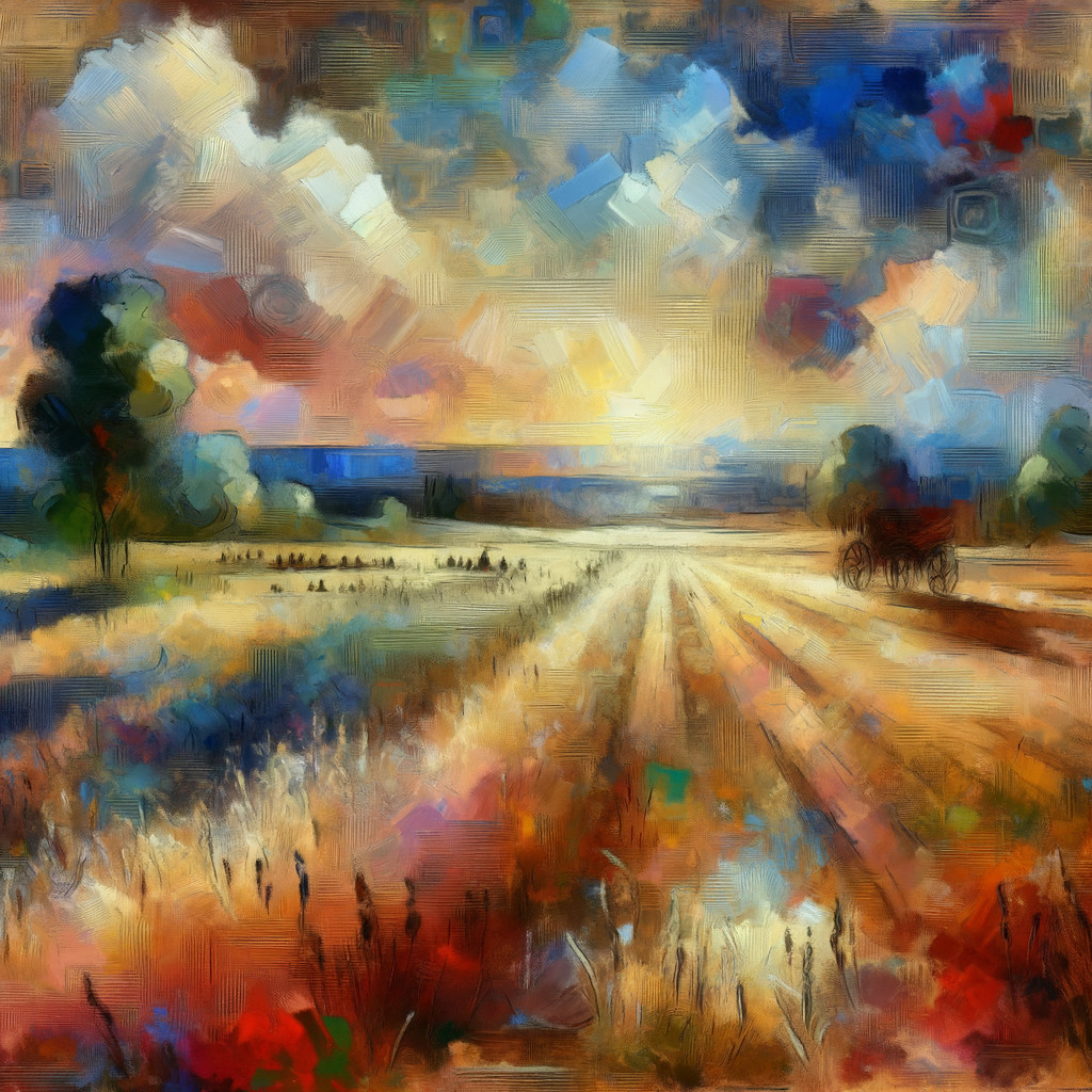 Vibrant Landscape with Rolling Fields and Carriage