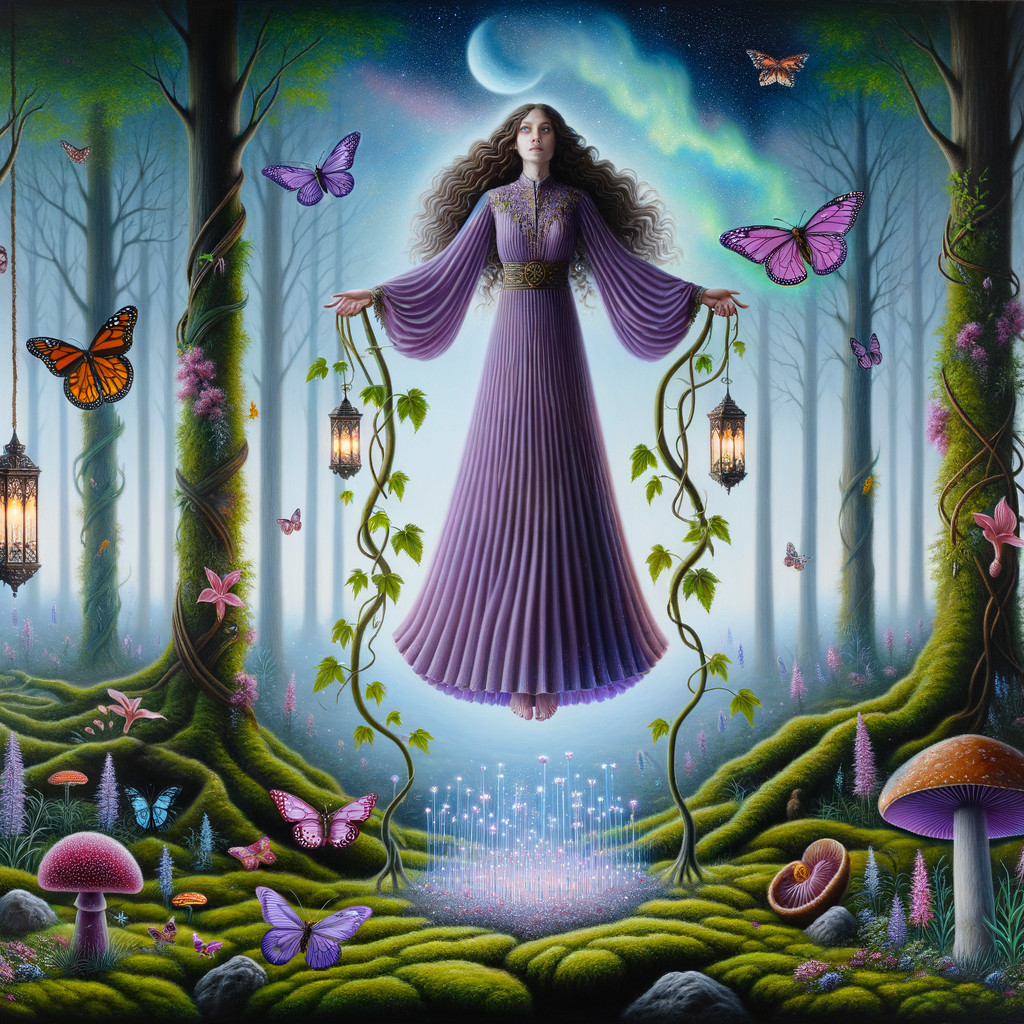 Mystical Woman in Enchanted Forest with Lanterns