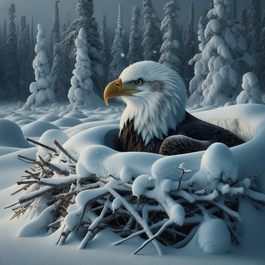 Bald Eagle in Snowy Nest Amidst Winter Landscape