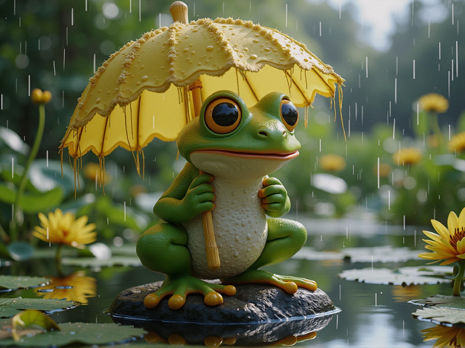 3D Rendering of Cartoon Frog with Umbrella in Pond