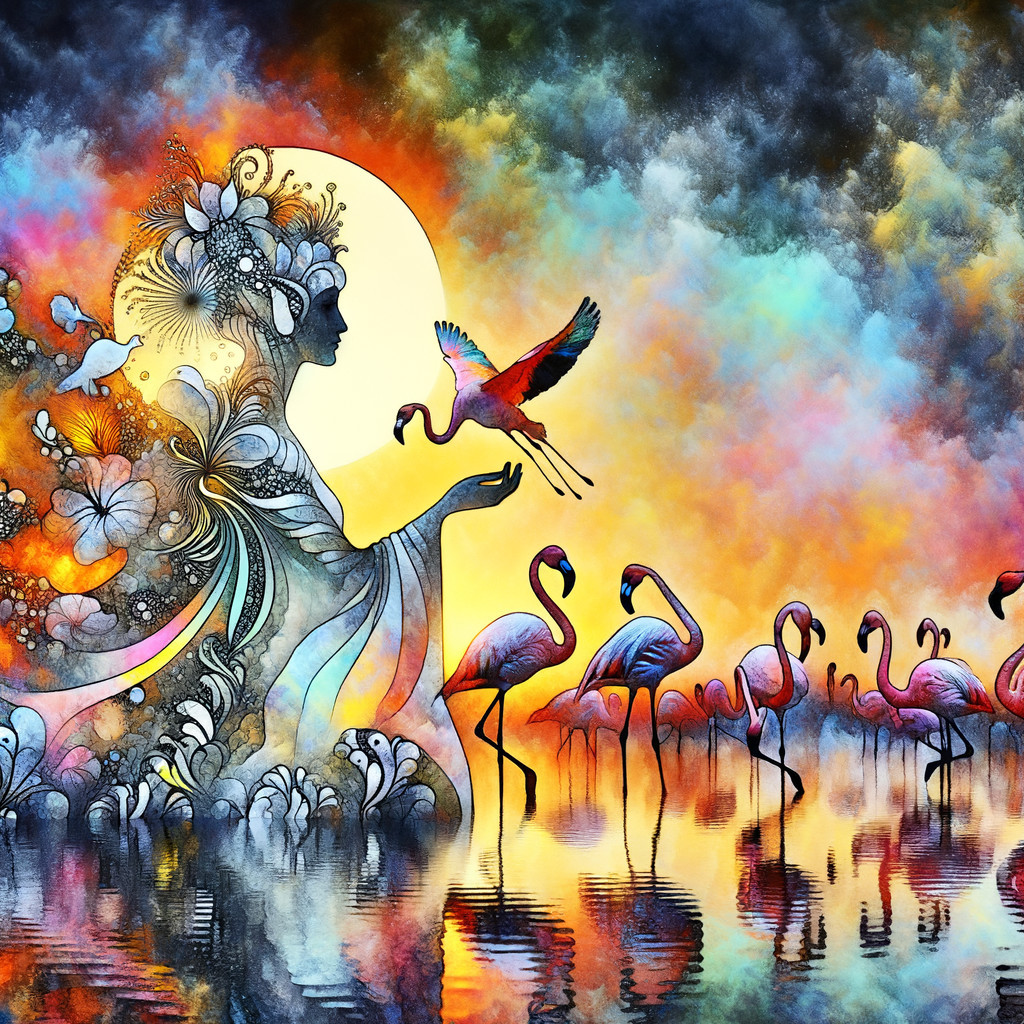 Mystical Figure Amidst Flamingos at Sunset Scene