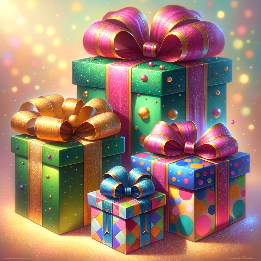 Colorful Gift Boxes with Decorative Bows in Glittering Scene