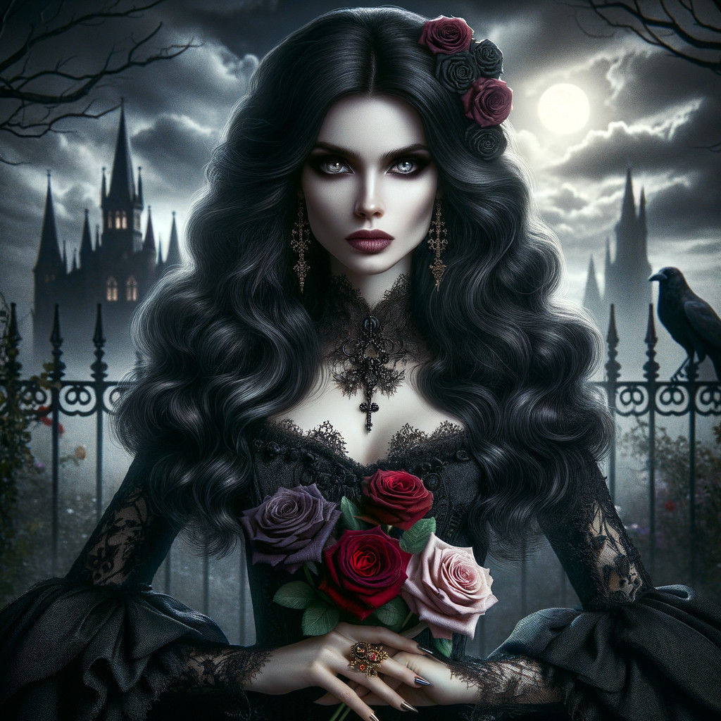 Mysterious Woman in Gothic Setting with Roses