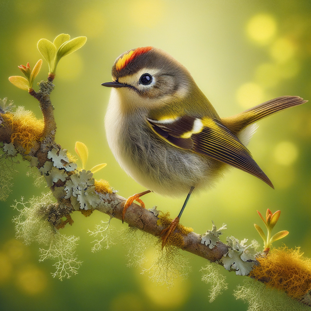 European Robin on a Branch with Lichen and Moss
