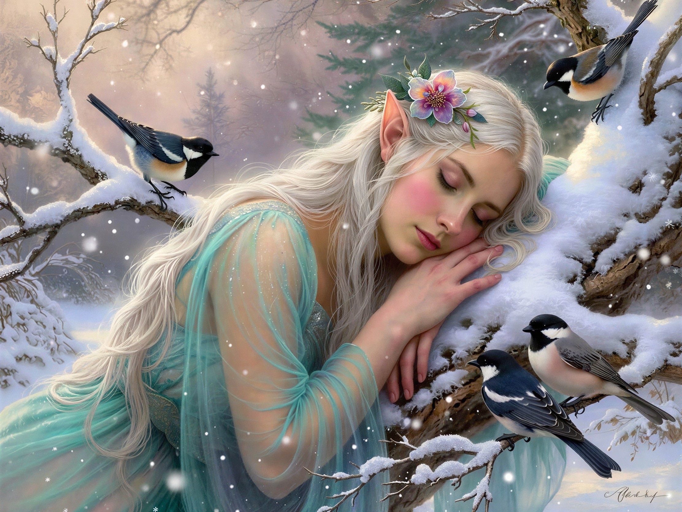 Sleeping Elf Maiden in Winter Wonderland Scene