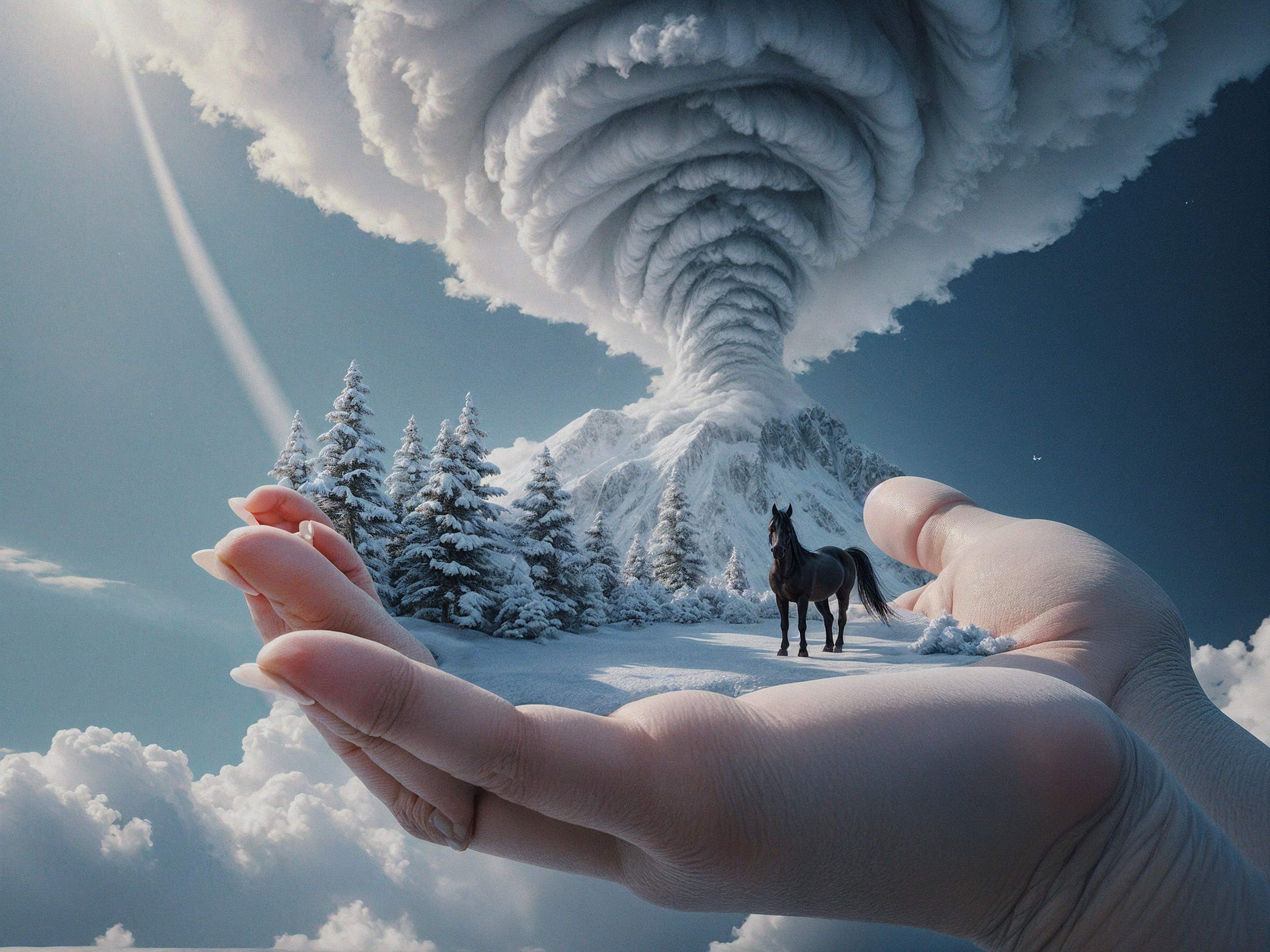 Ethereal Hand Cradles Snowy Landscape with Horse