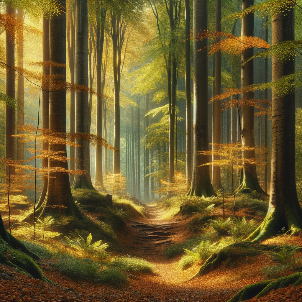 Serene forest scene with golden leaves and sunlight