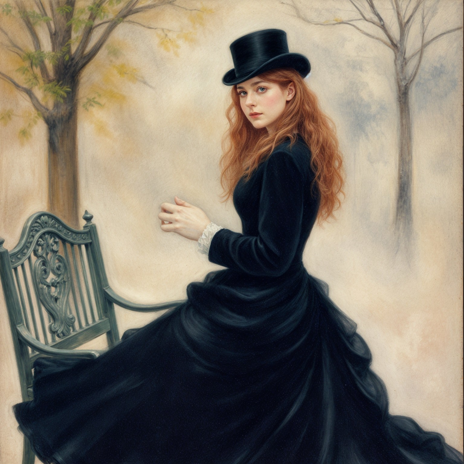 Young Woman in Victorian Dress in Misty Outdoor Scene