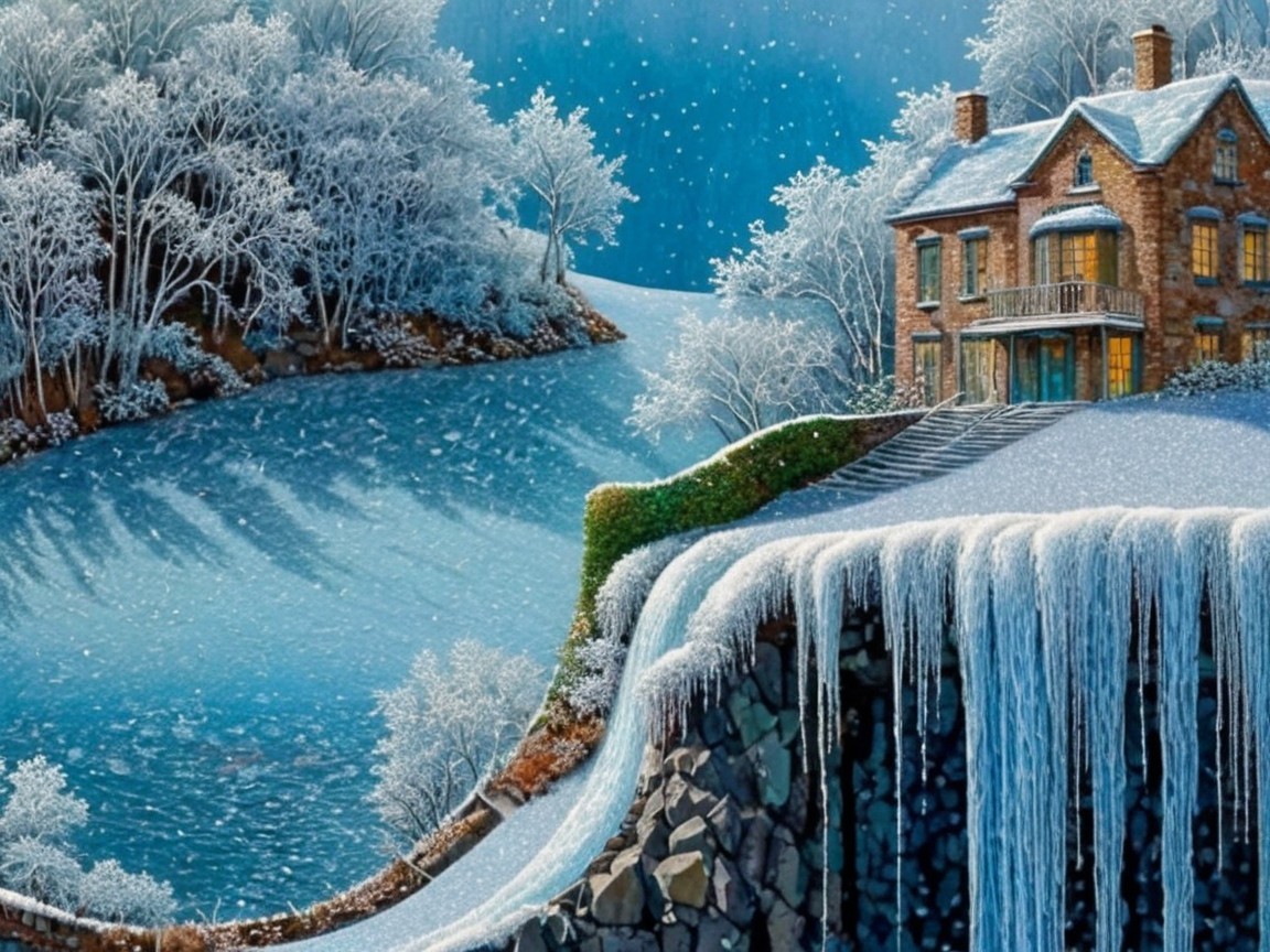 Snowy Winter Scene with Grand House and Frozen Waterfall