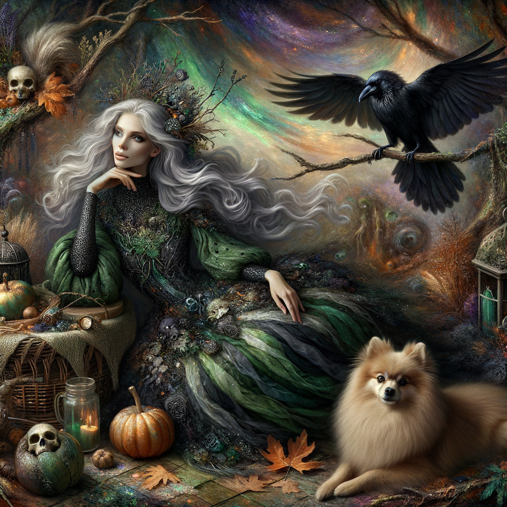 Mystical Scene with Woman in Green Gown and Autumn Elements