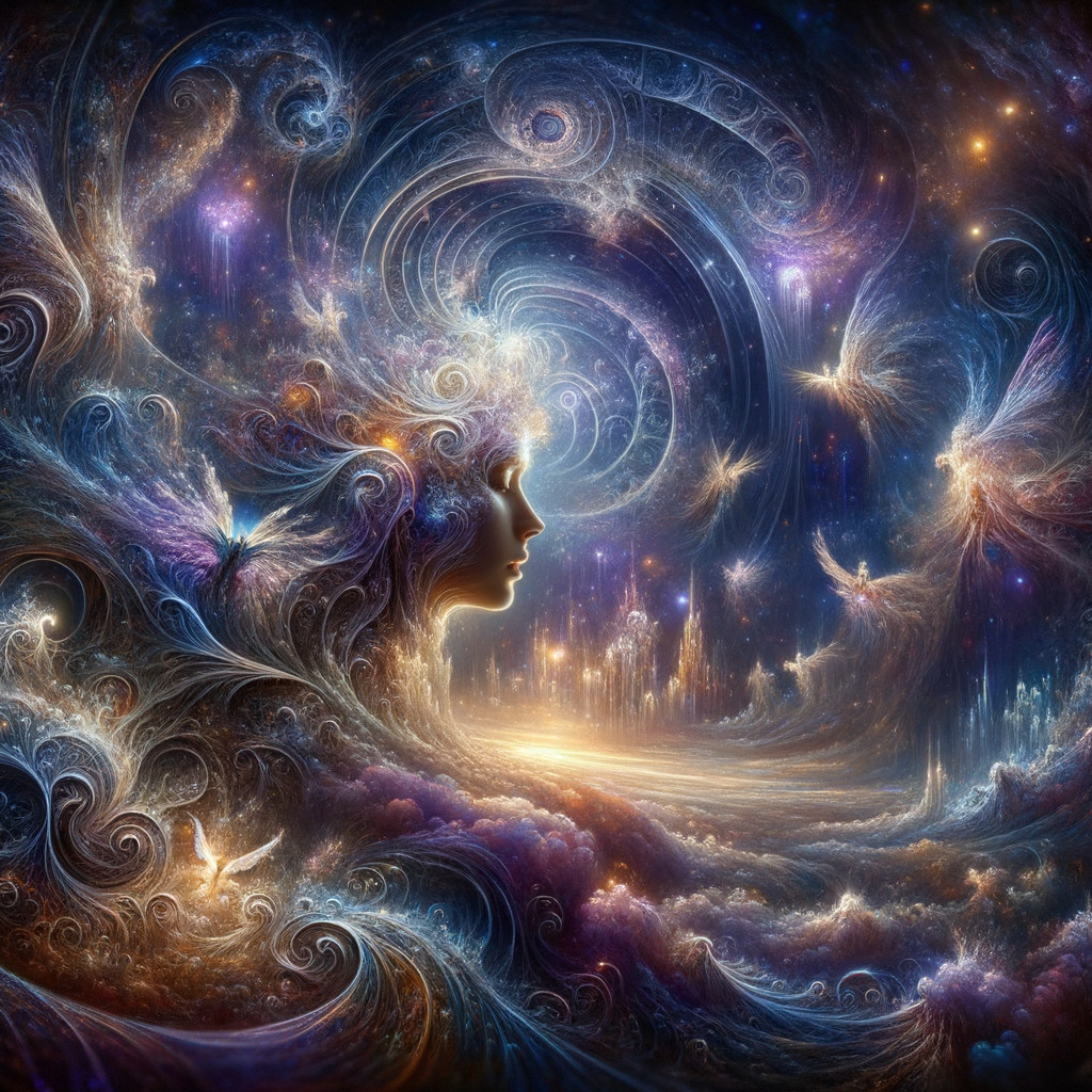 Cosmic Scene with Woman's Profile and Galaxies