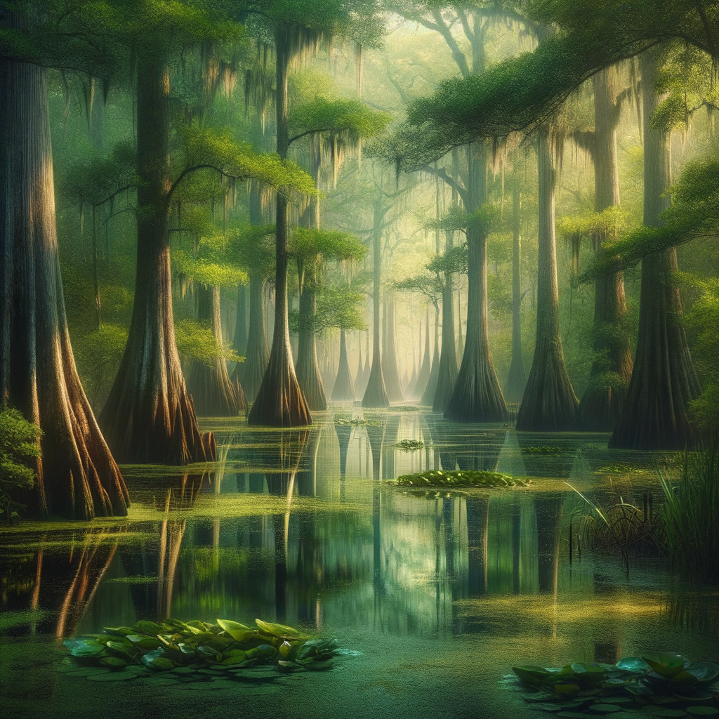 Tranquil Swamp Scene with Cypress Trees and Lilypads