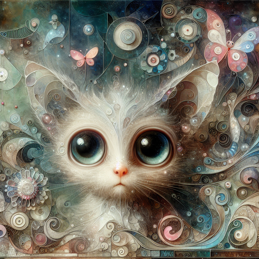 Whimsical Cat Illustration with Surreal Background