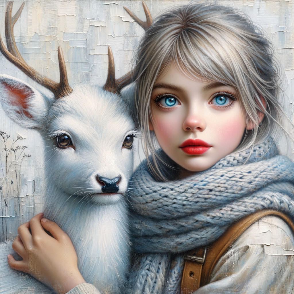 Digital Painting of Girl with White Deer in Fantasy Style