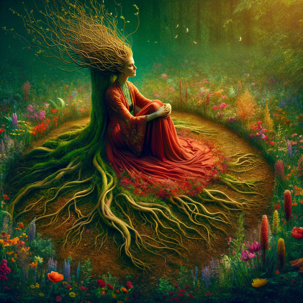 Woman in Red Robe Surrounded by Forest Beauty