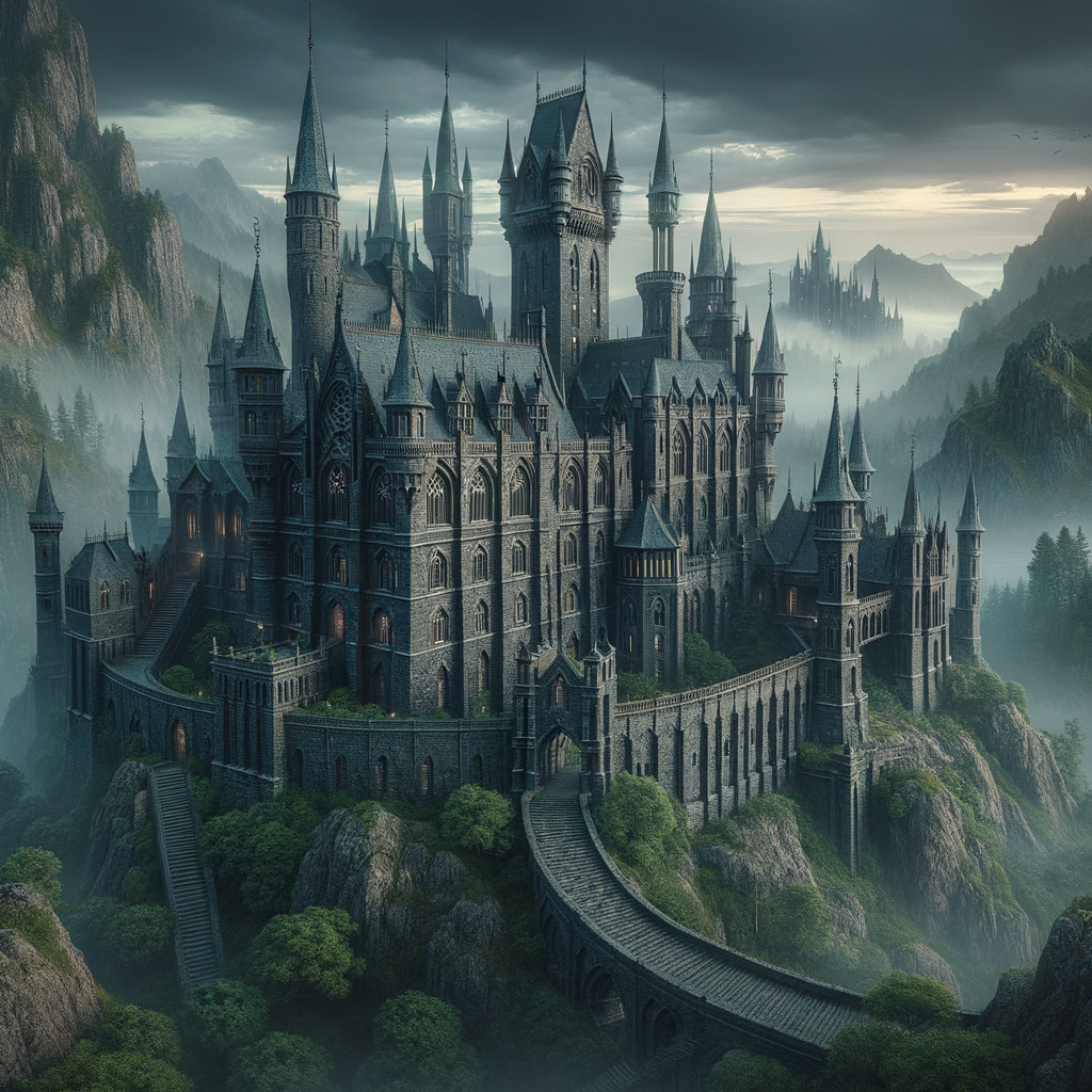Medieval Castle on Misty Mountain Landscape