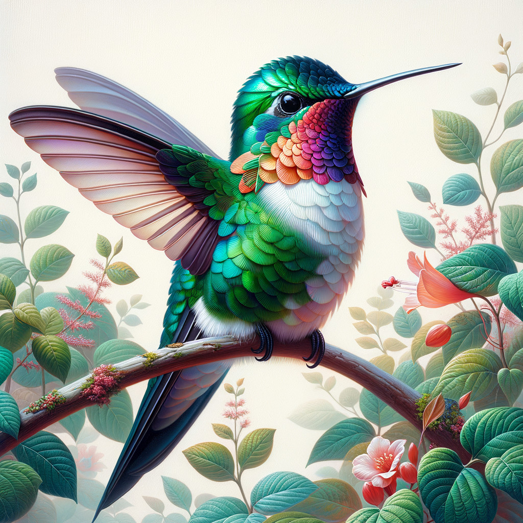 Vibrant Hummingbird on Branch with Lush Greenery