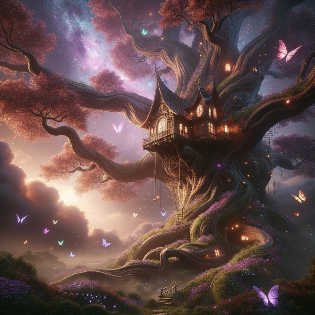 Whimsical Treehouse in an Ancient Tree with Lights