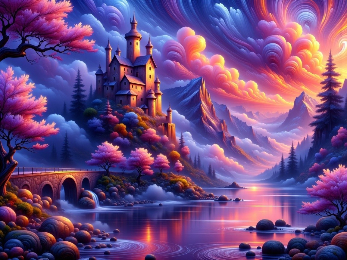 Vibrant Fantasy Landscape with Majestic Castle and River