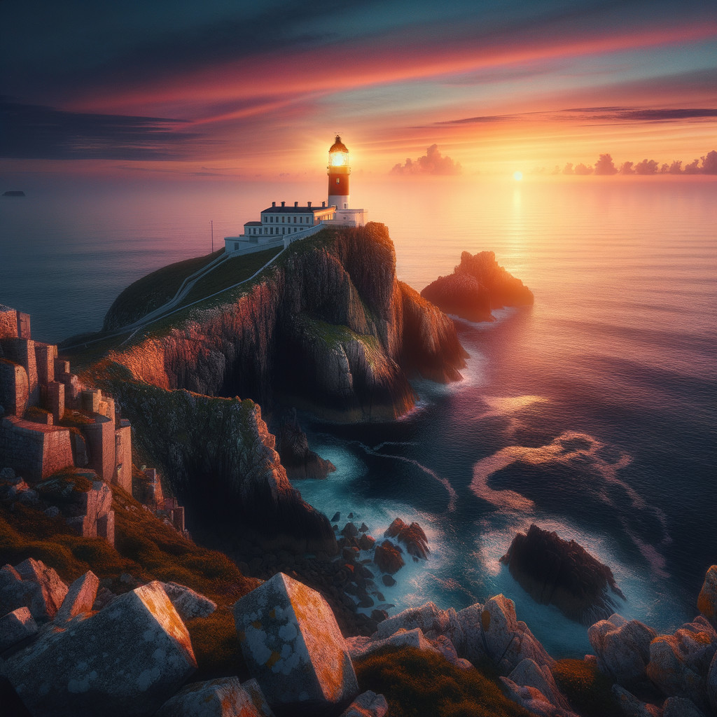 Lighthouse on Cliff with Sunset and Ocean Waves