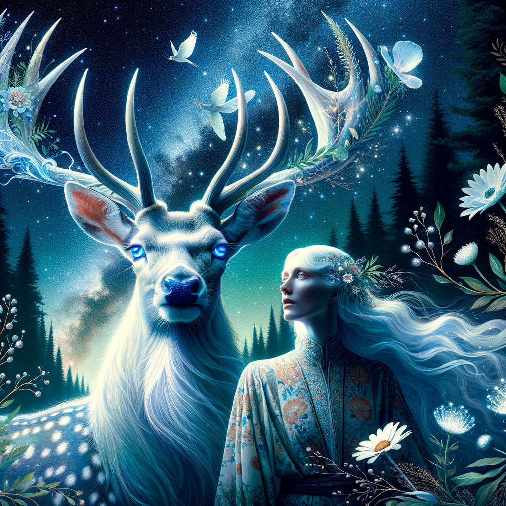Majestic White Stag and Woman in Starry Night Scene