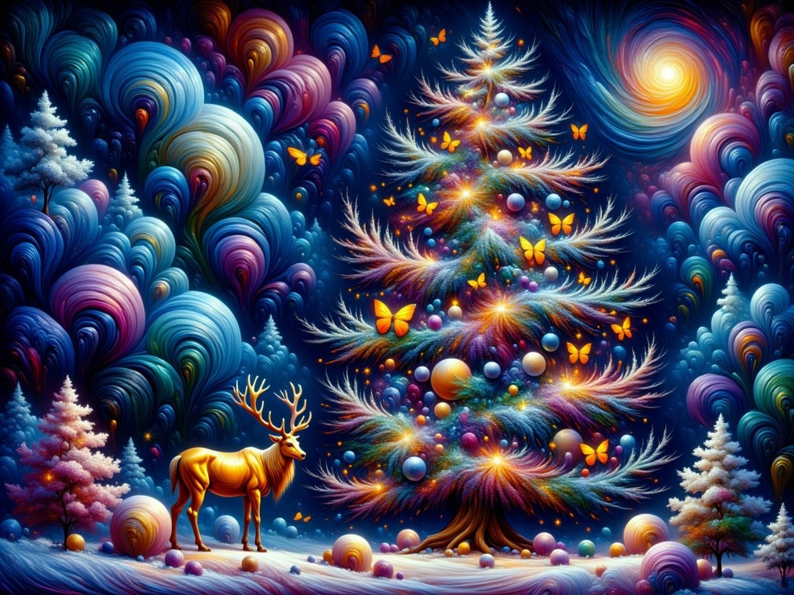 Surreal Winter Scene with Whimsical Christmas Tree
