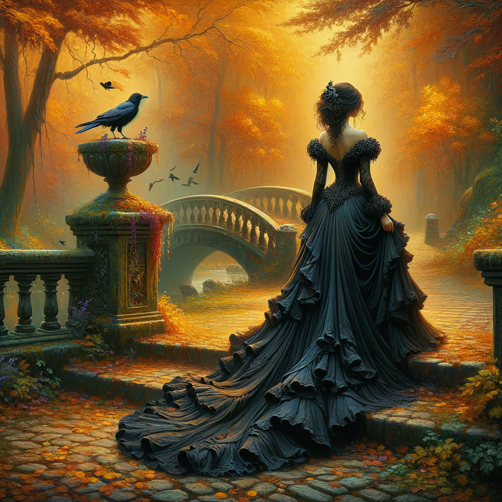 Autumn Scene with Woman in Black Gown and Raven
