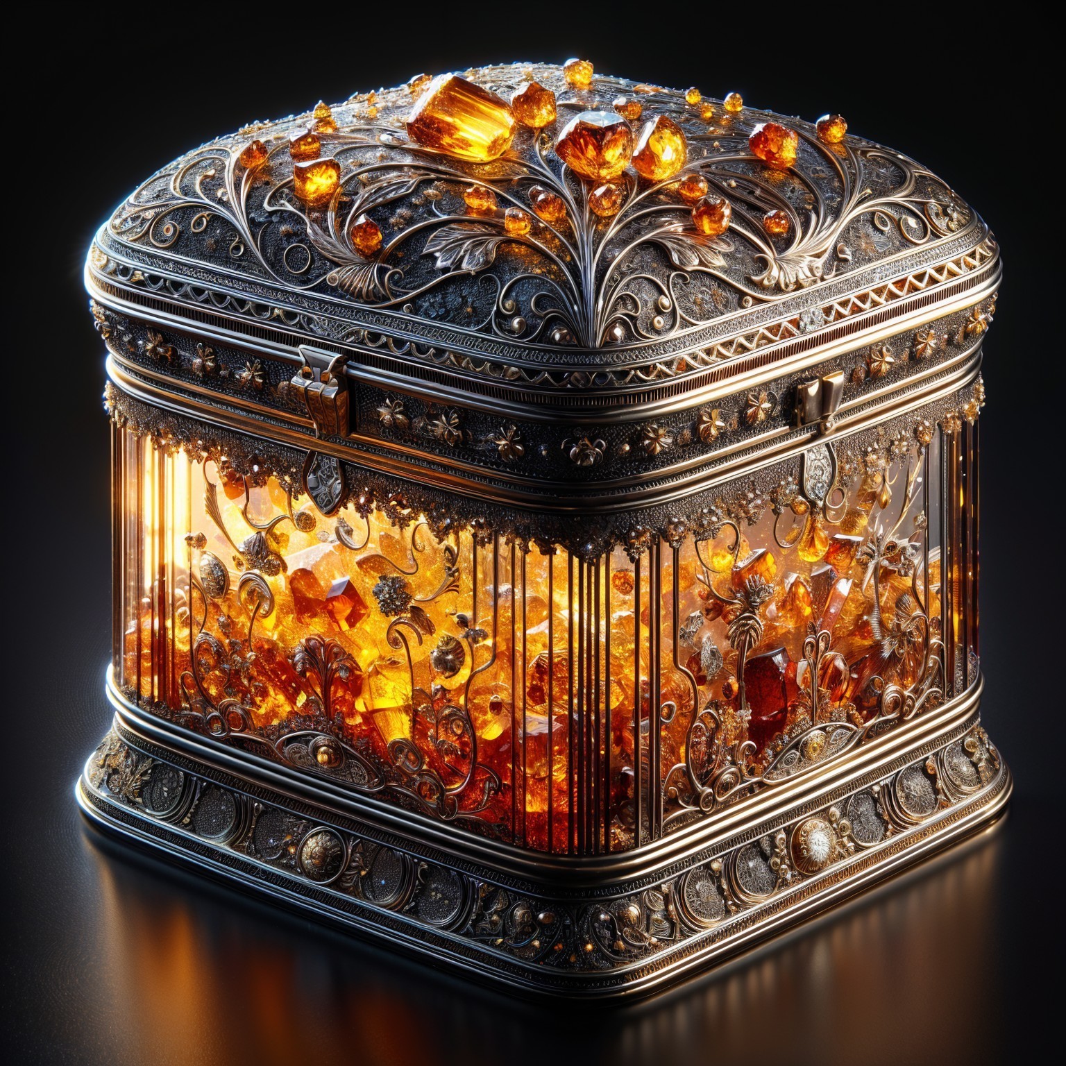 Intricate Treasure Chest with Amber Gemstones and Filigree