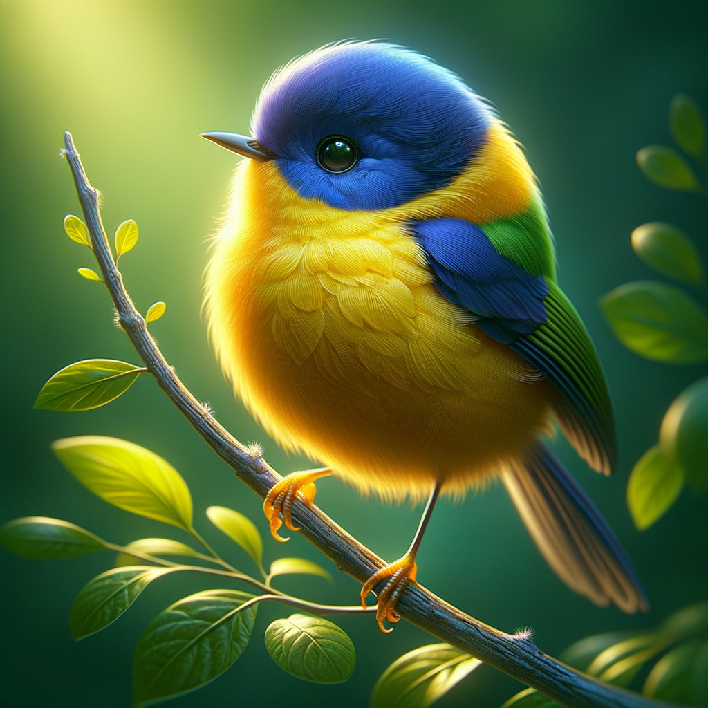 Vibrant bird on branch amid lush green leaves