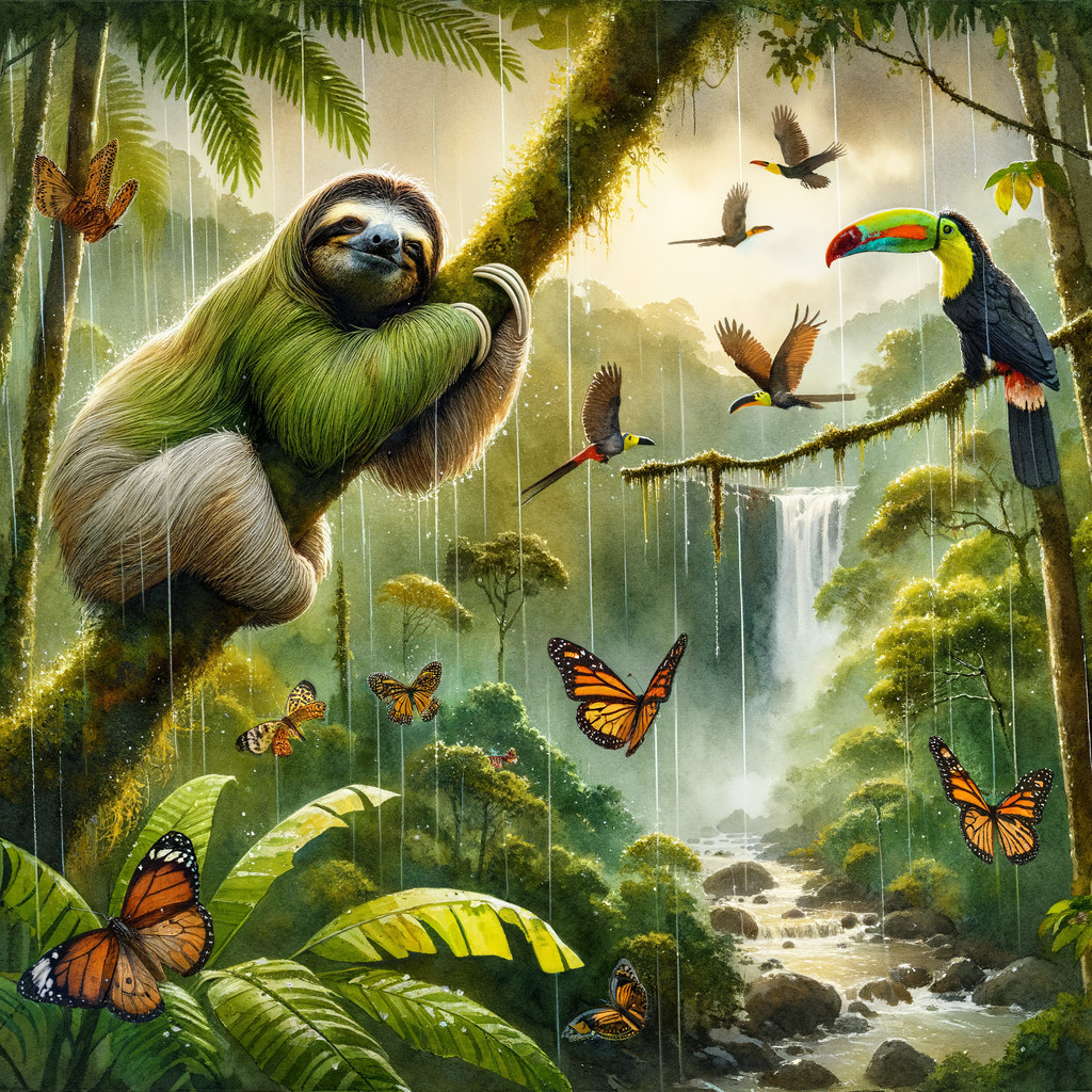 Sloth in Tropical Rainforest with Waterfall and Wildlife