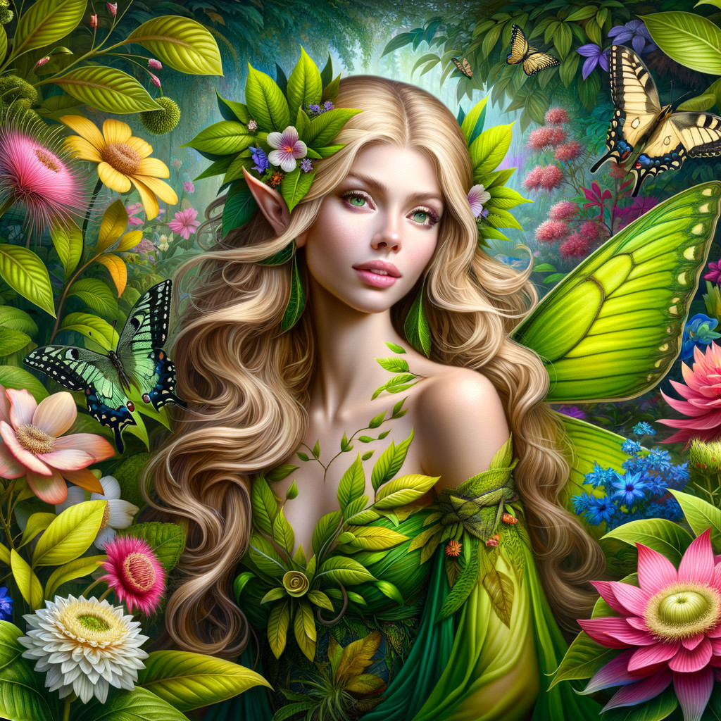 Fairy in a Vibrant Garden Surrounded by Nature