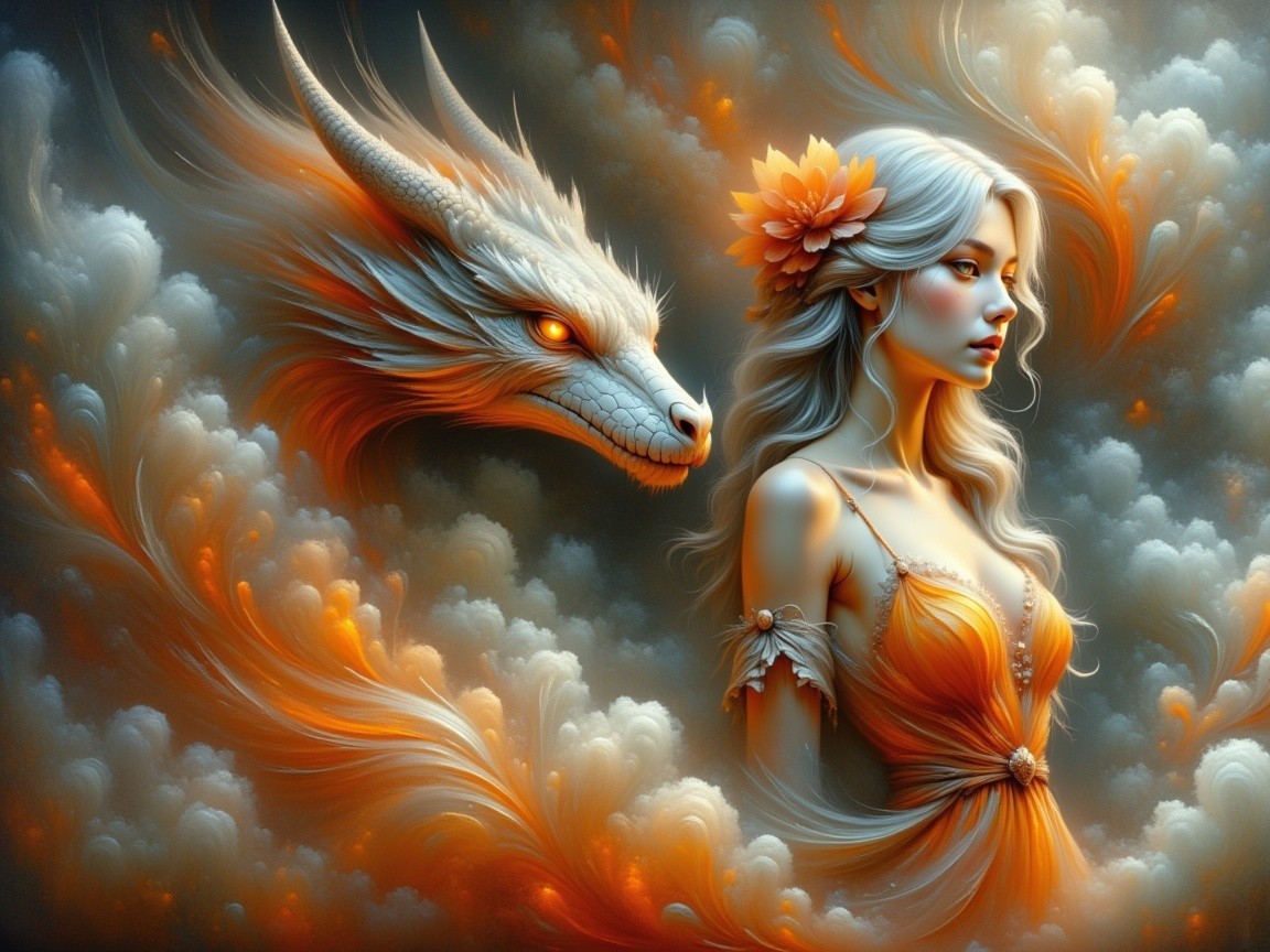 Mystical Scene with Woman in Orange Gown and Dragon