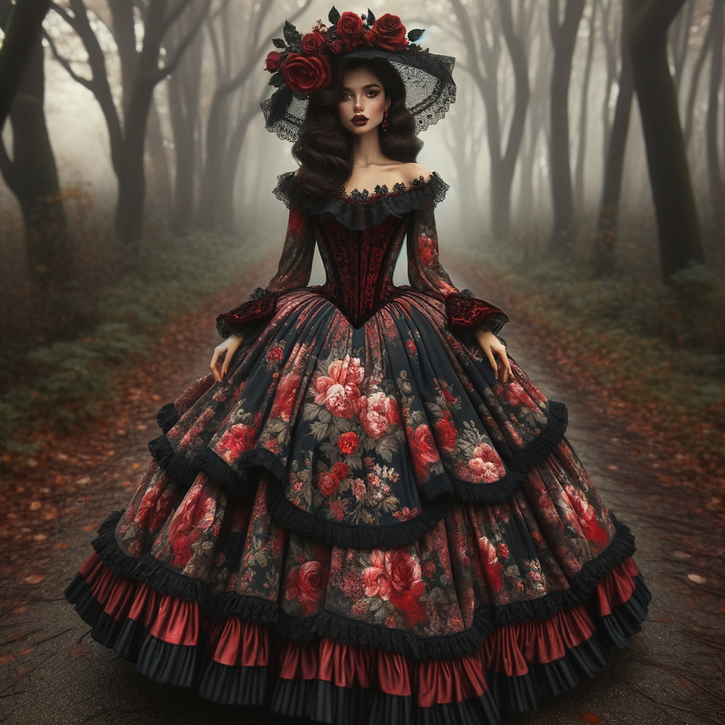 Elegant figure in floral gown in misty forest