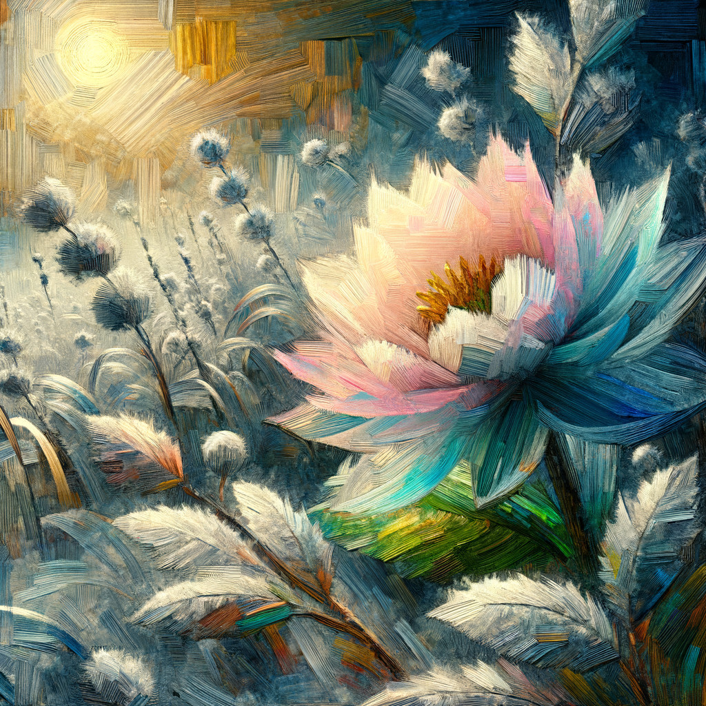 Serene landscape with delicate pink and blue flower