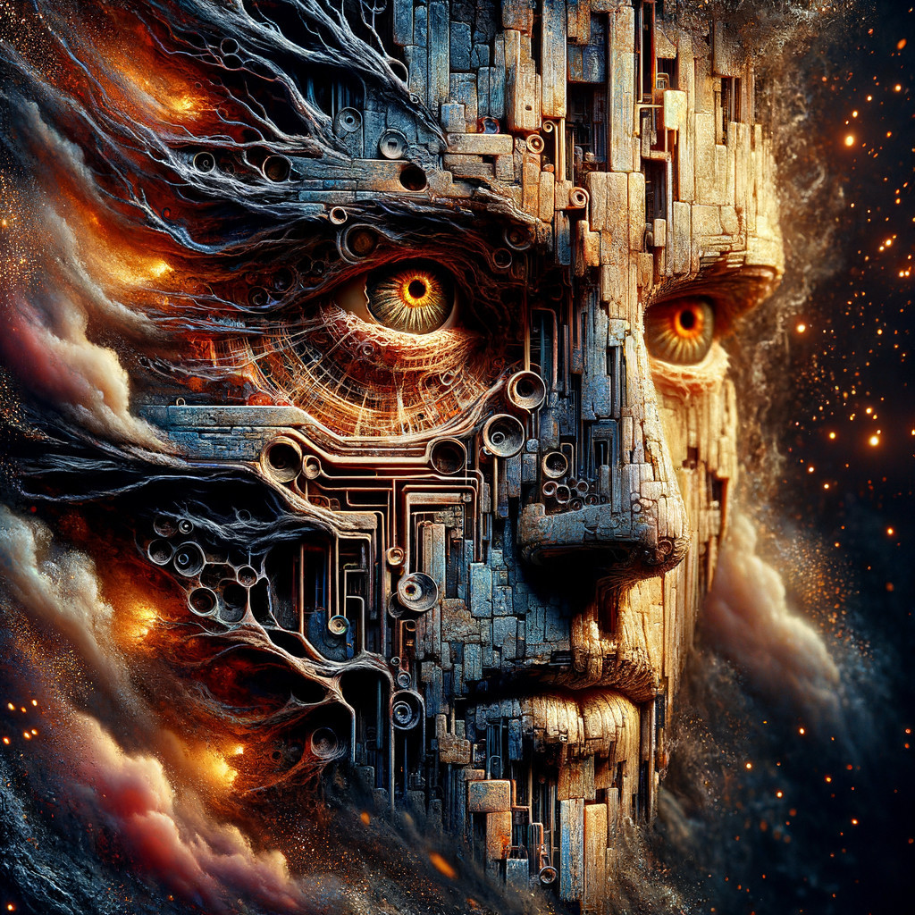 Surreal Humanoid Face of Wood, Metal, and Circuits