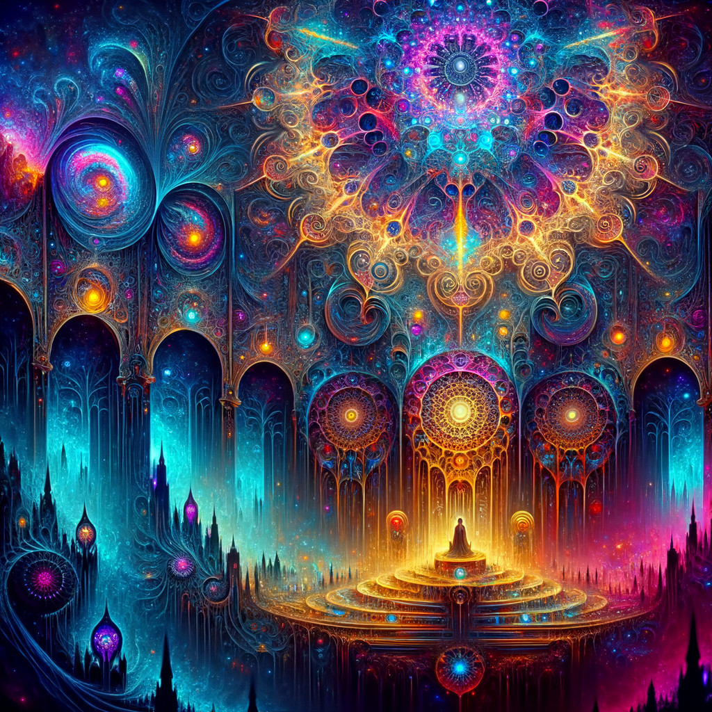 Vibrant Cosmic Scene with Fractal Patterns and Meditation