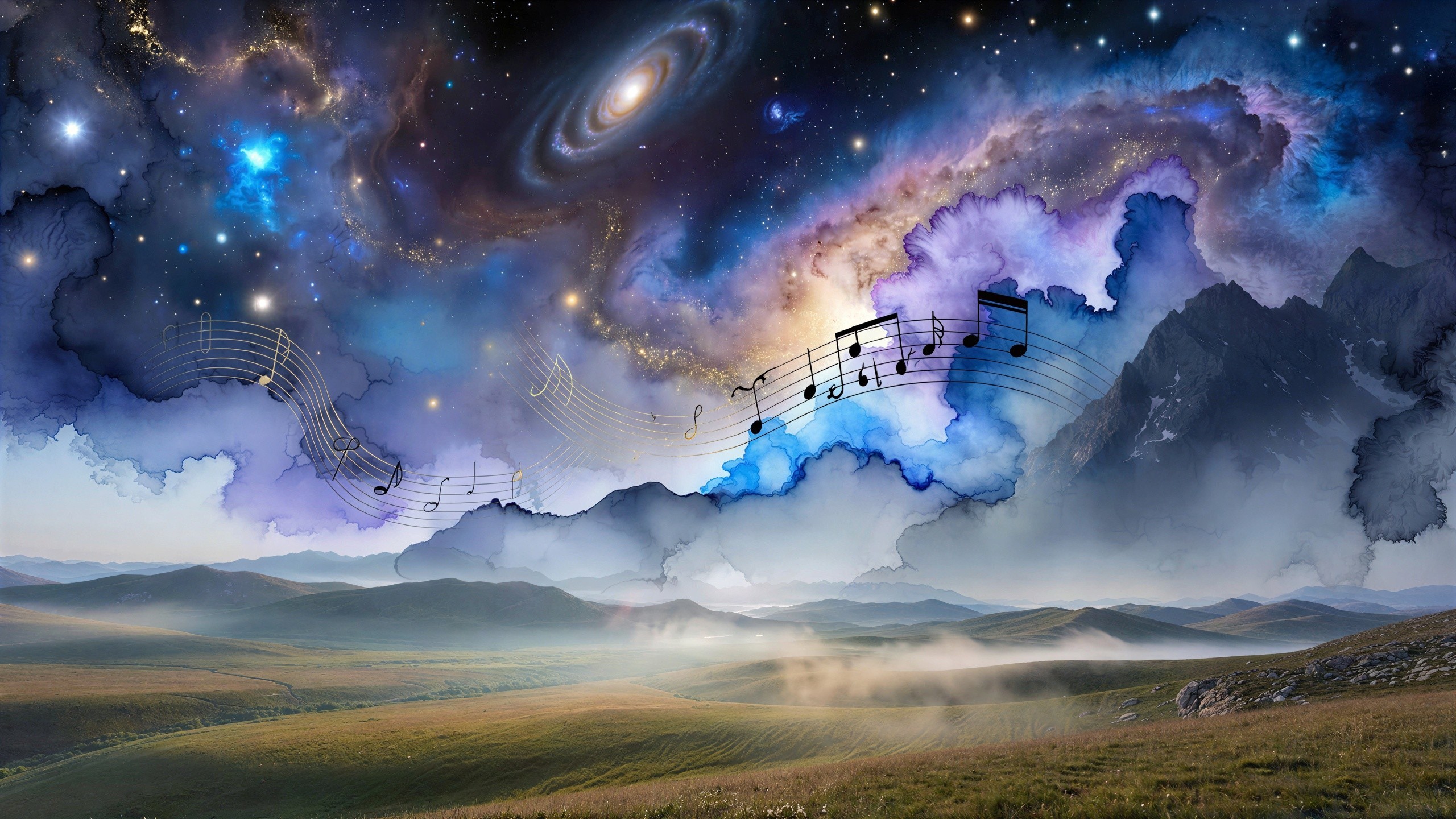 Vibrant Galaxy and Musical Notes Over Misty Landscape