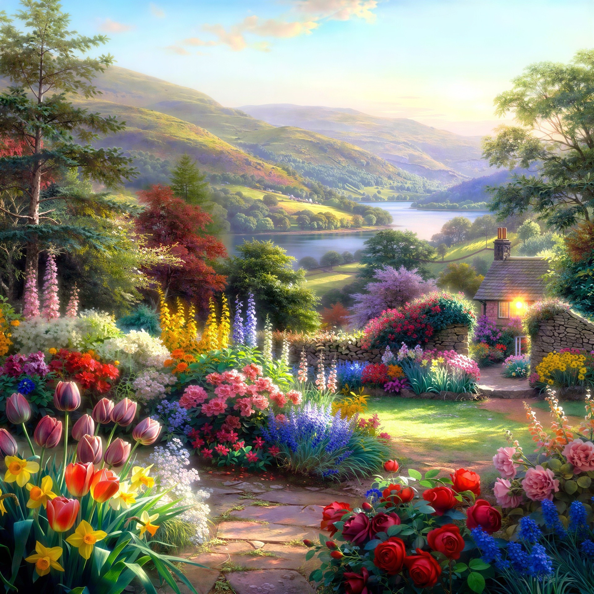 Vibrant Oil Painting of Cottage in Flourishing Garden