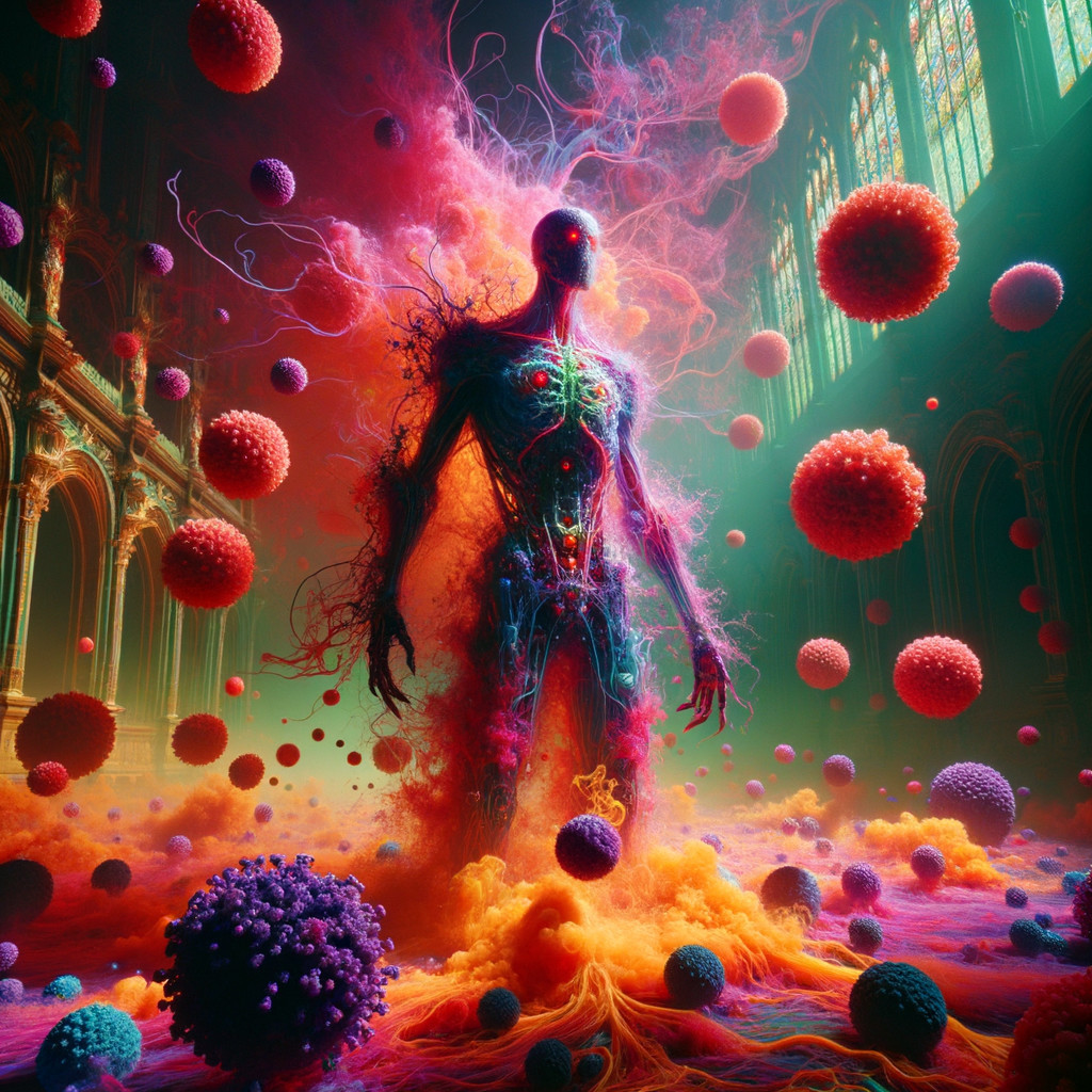 Humanoid Figure in a Colorful Surreal Cathedral Scene