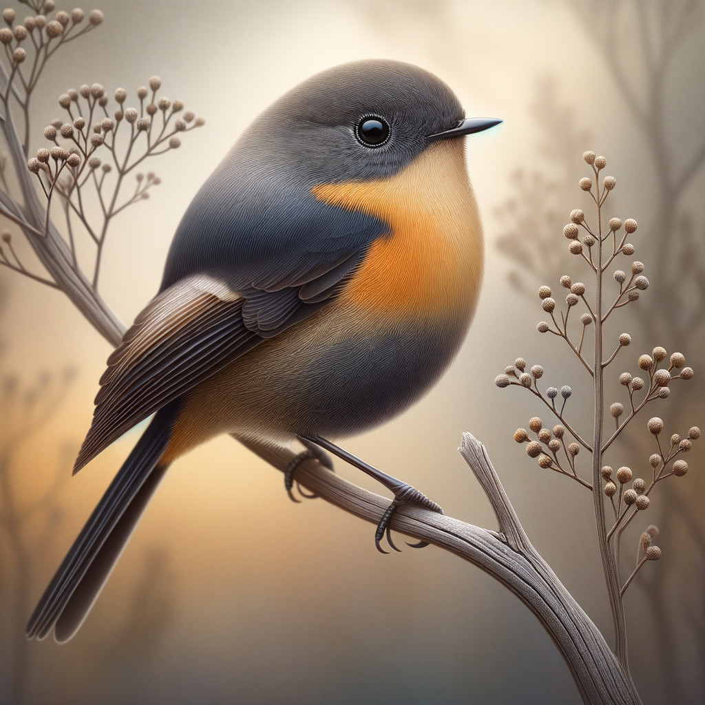 Plump bird on branch with muted buds and soft colors