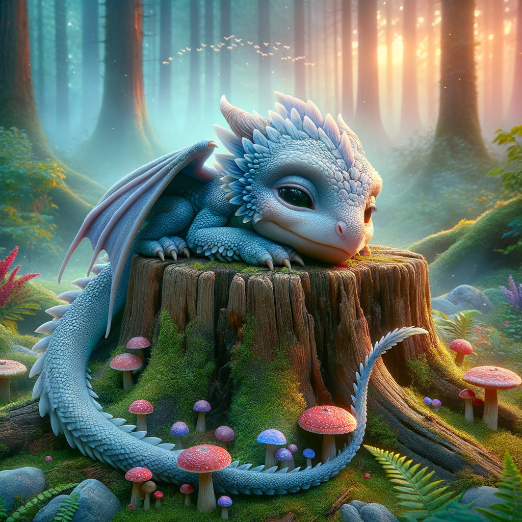 Small dragon on mossy stump in enchanted forest