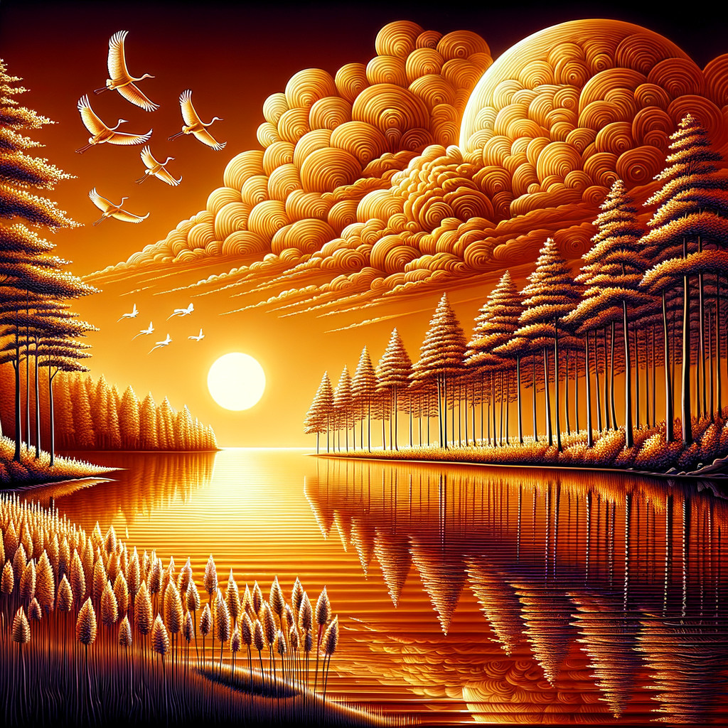 Tranquil Sunset Over Calm River and Lush Trees