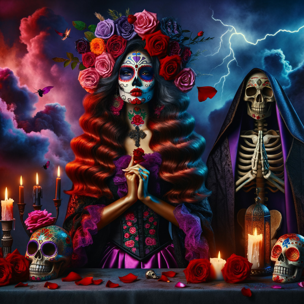 Haunting Woman with Day of the Dead Makeup and Skulls