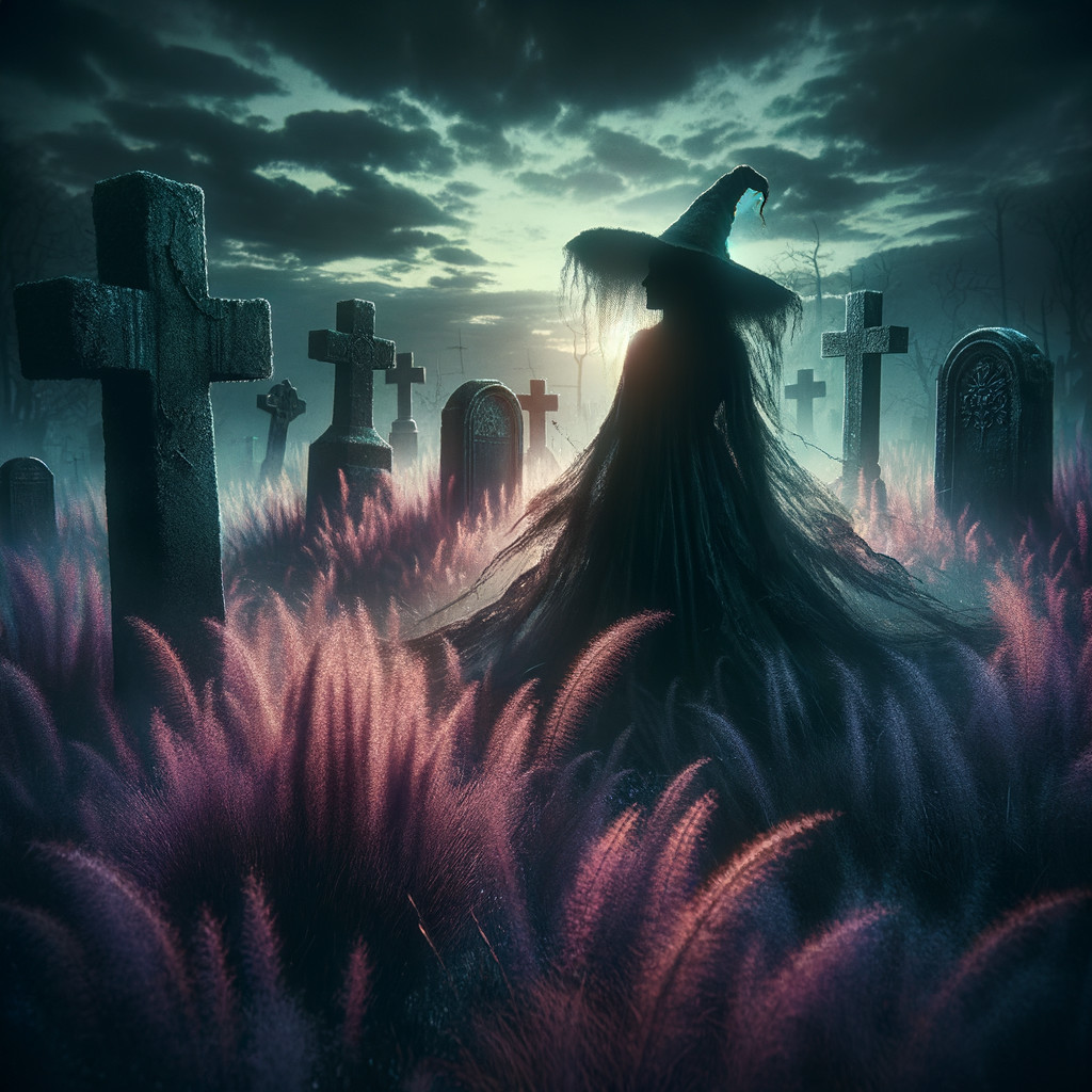 Mystical Figure in Cloak at Foggy Graveyard
