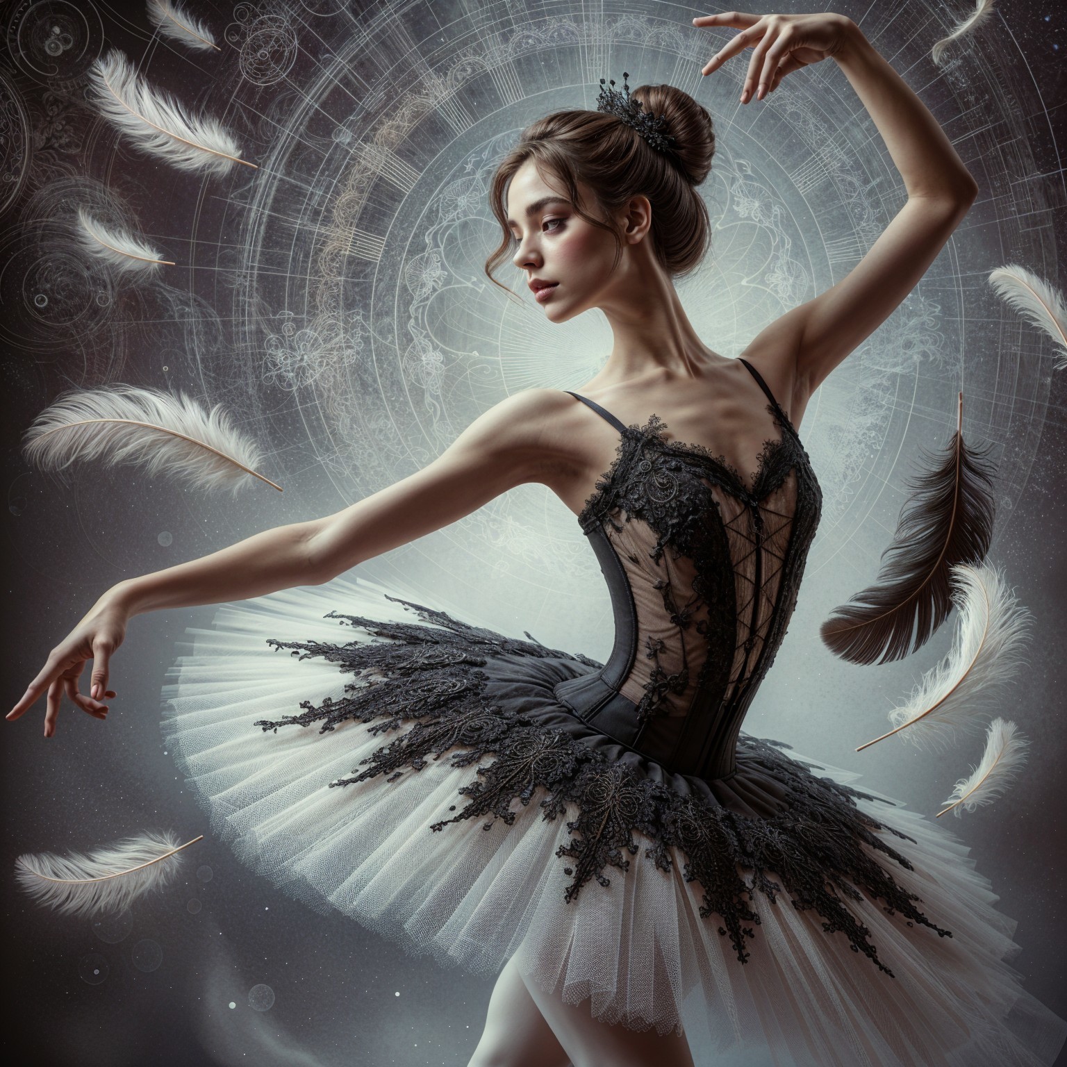 Ballerina in Tutu Poses Against Mystical Background