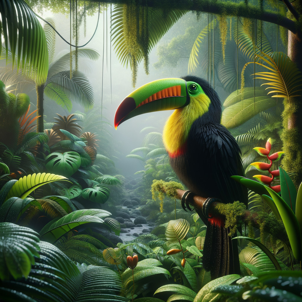 Toucan on Mossy Branch in Lush Jungle Setting