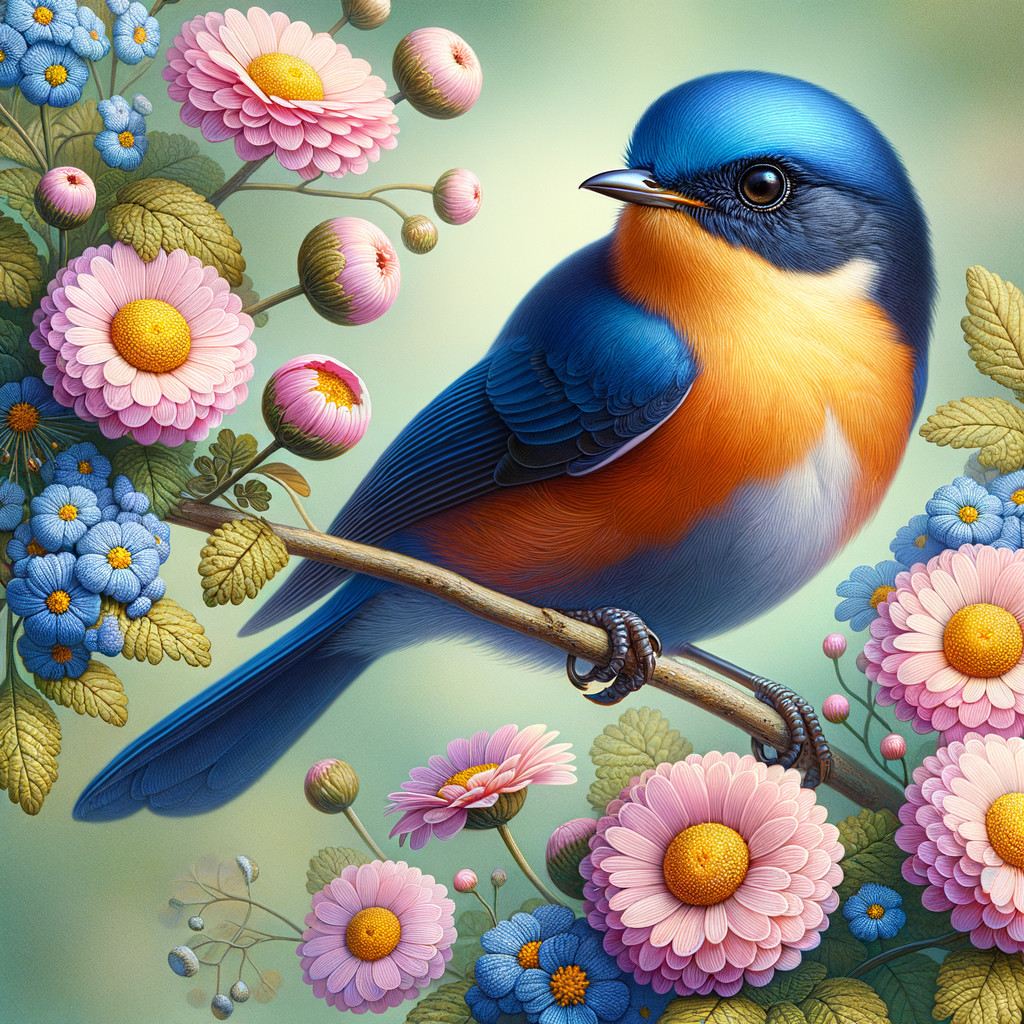 Vibrant Blue Bird on Branch with Colorful Flowers